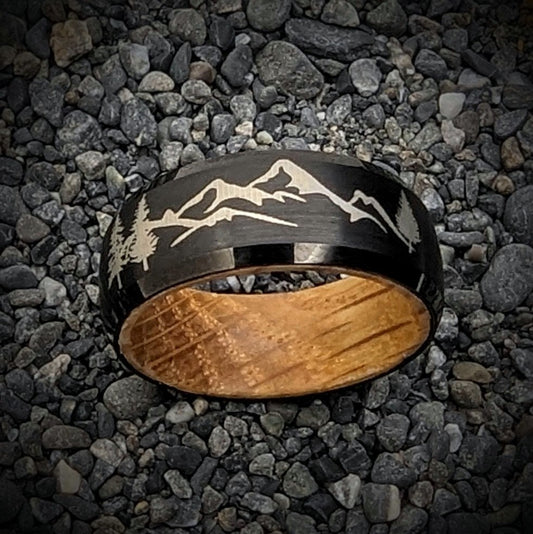 Mountain Ring with Whiskey Barrel Inside, Whiskey Barrel Wedding Band