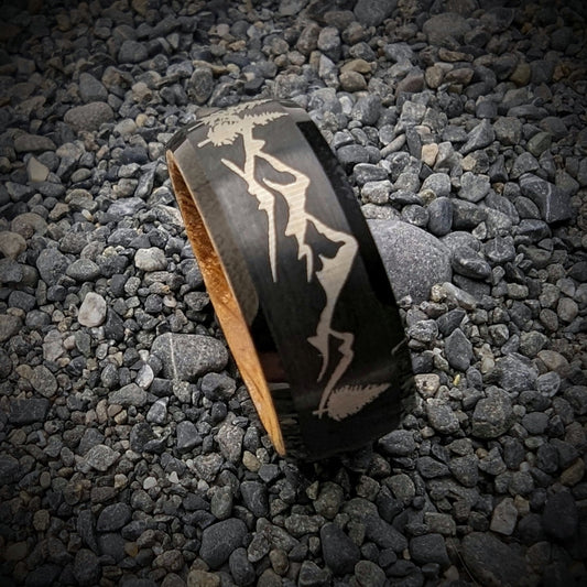 Mountain Ring with Whiskey Barrel Inside, Whiskey Barrel Wedding Band