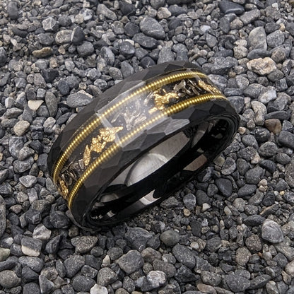 Guitar String Ring, Men's Wedding Band Unique, Meteorite wedding band, Gold Leaf and Meteorite ring, Guitar string wedding band