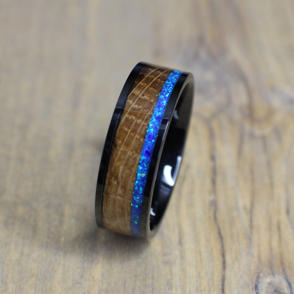 Whiskey Barrel Wedding Band with Blue Opals.