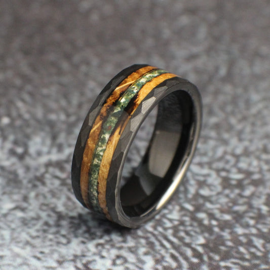 Moss Agate Wedding Band, Men&#39;s Wedding Ring, Men&#39;s Wedding Band, Black Ceramic Ring
