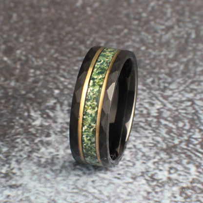 Men's Moss Agate Ring, Hammered Tungsten Wedding Band