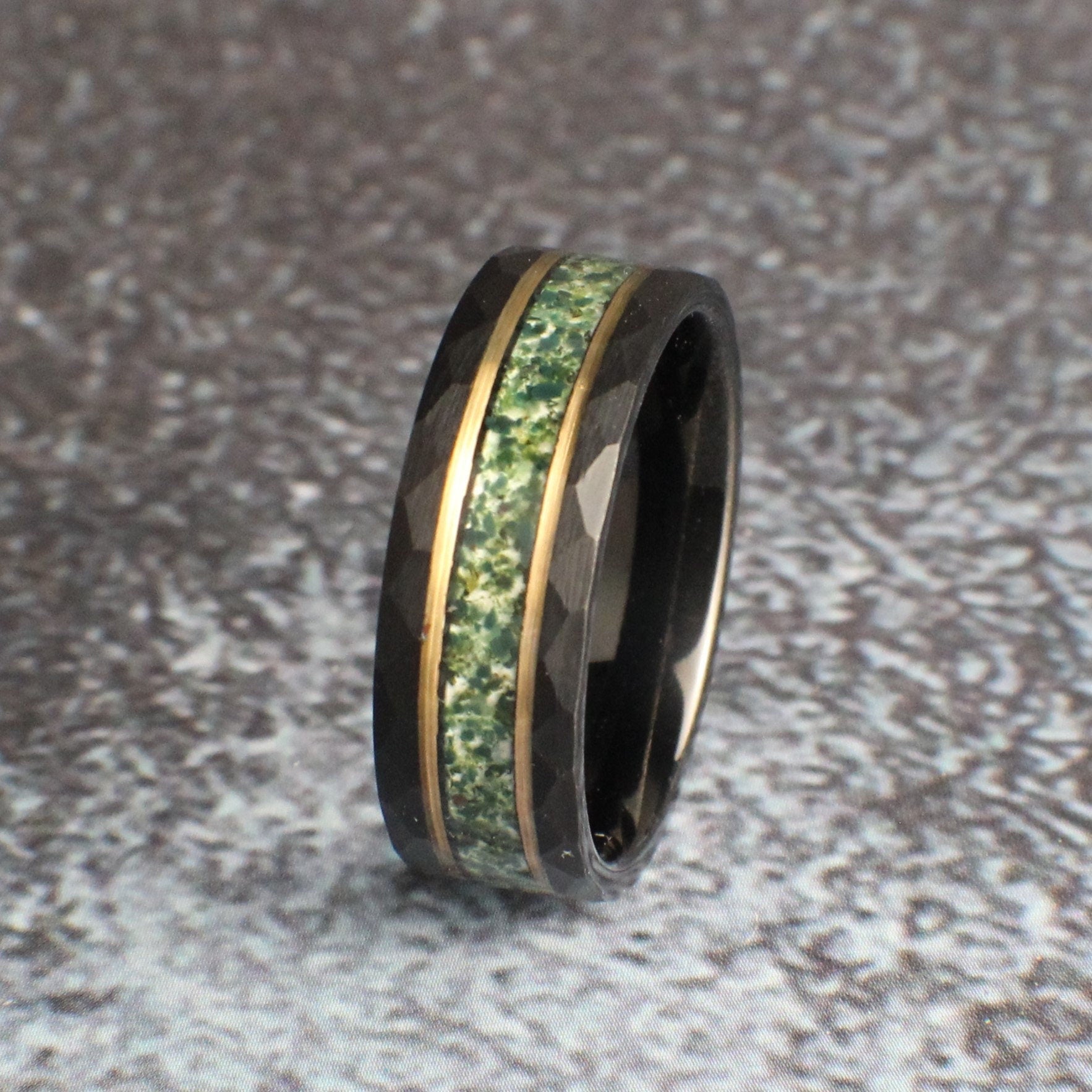 Men&#39;s Moss Agate Ring, Hammered Tungsten Wedding Band