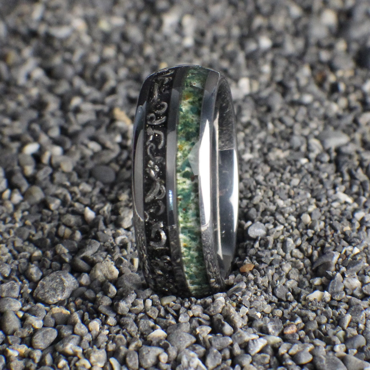 Men's meteorite wedding band. Men's Moss Agate Ring