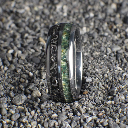 Men's meteorite wedding band. Men's Moss Agate Ring