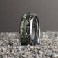 Moss Agate wedding band with meteorite shavings made out of scratch resistant tungsten. This ring comes with a lifetime warranty and is built to last!