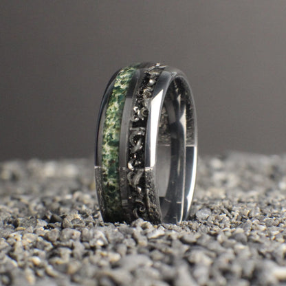 Moss Agate wedding band with meteorite shavings made out of scratch resistant tungsten. This ring comes with a lifetime warranty and is built to last!