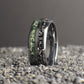 Moss Agate wedding band with meteorite shavings made out of scratch resistant tungsten. This ring comes with a lifetime warranty and is built to last!