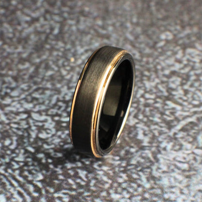 Men's Wedding Band with Rose Gold and Black Tungsten