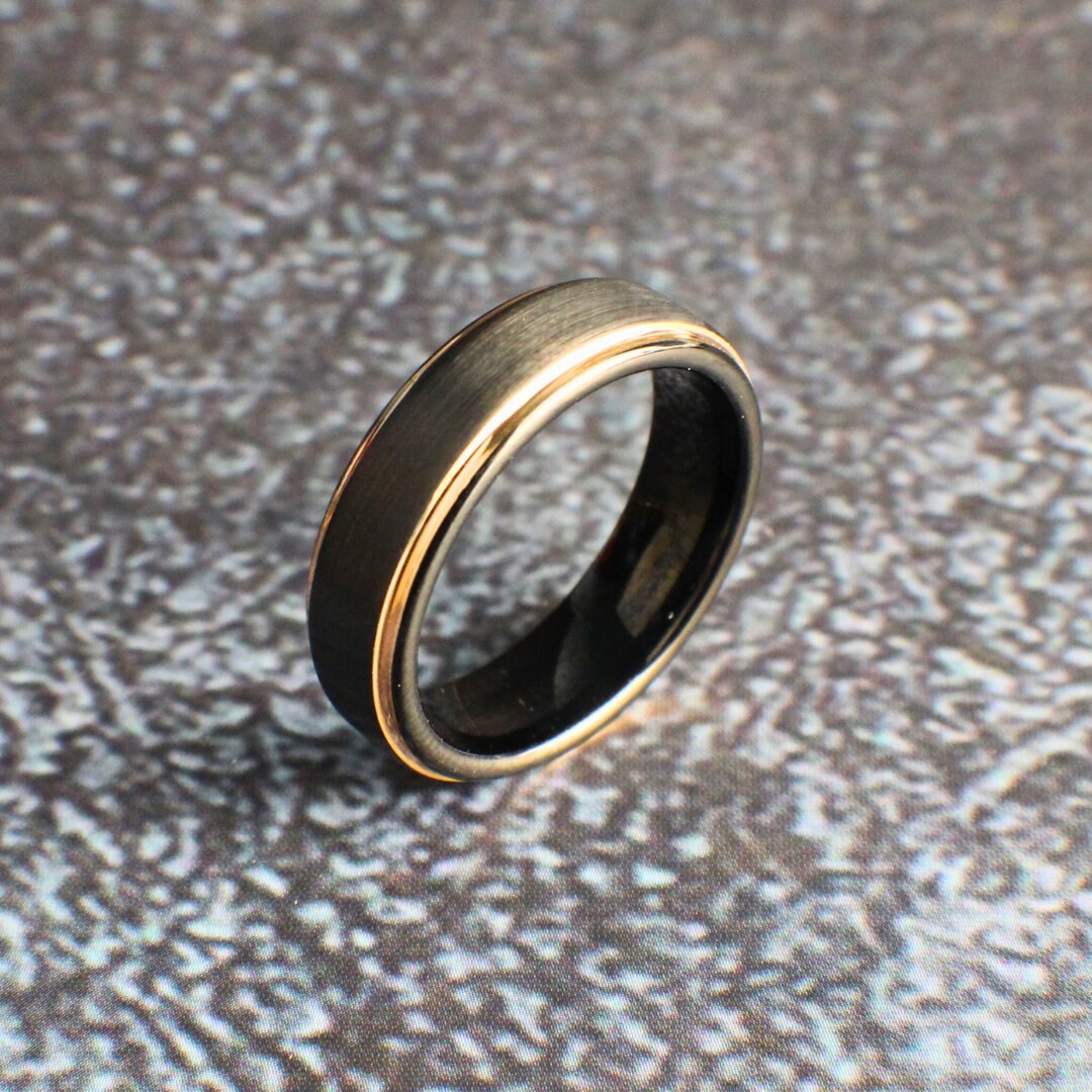 Men's Wedding Band with Rose Gold and Black Tungsten