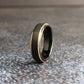 Tungsten wedding ring with a brushed finish and rose gold edges.
