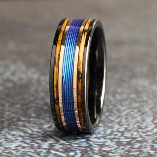Men&#39;s Fishing Line Wedding Band, Men&#39;s Whiskey Barrel Wedding Band, Tungsten ring for men, 8mm Wedding Band
