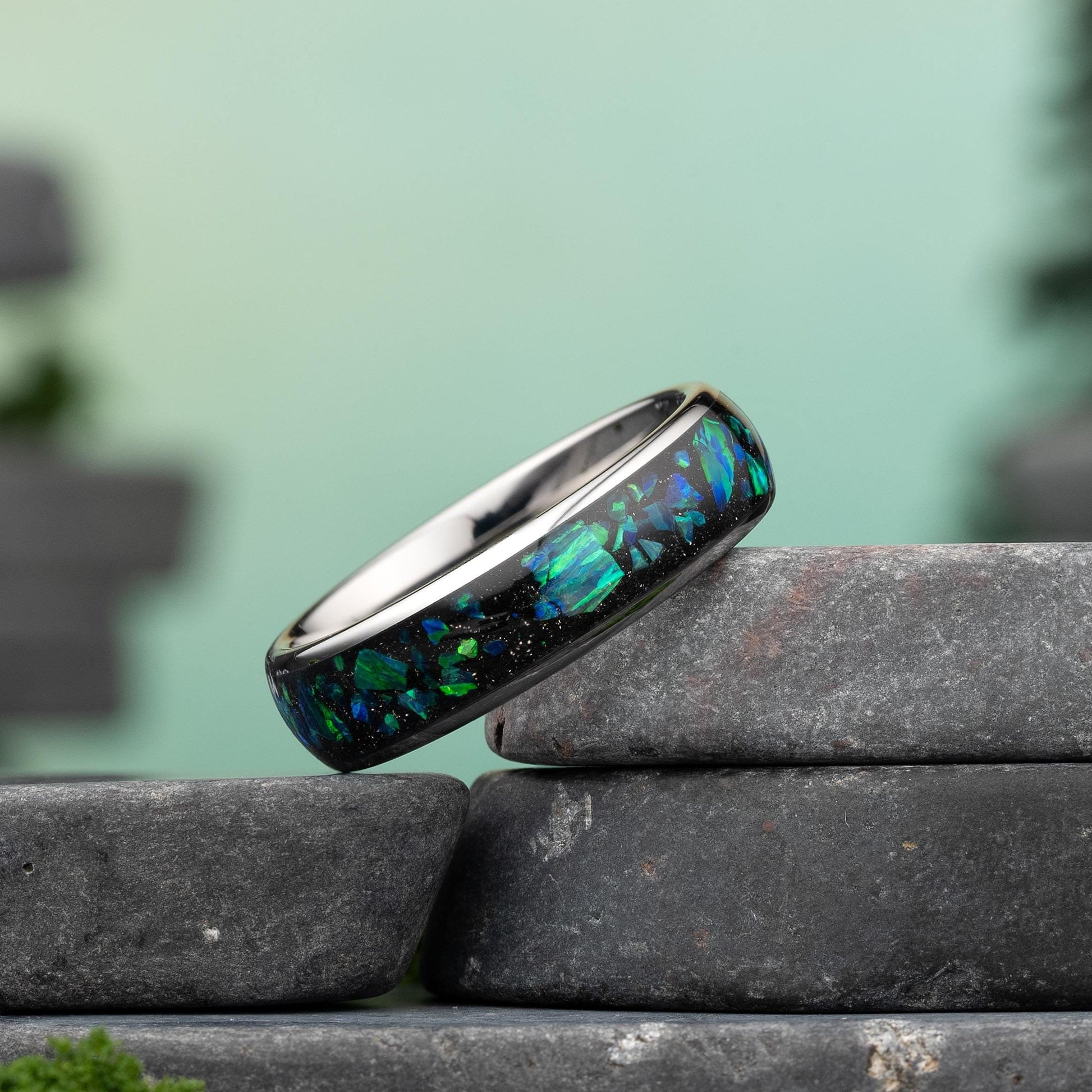 Opal wedding band with blue and green opal