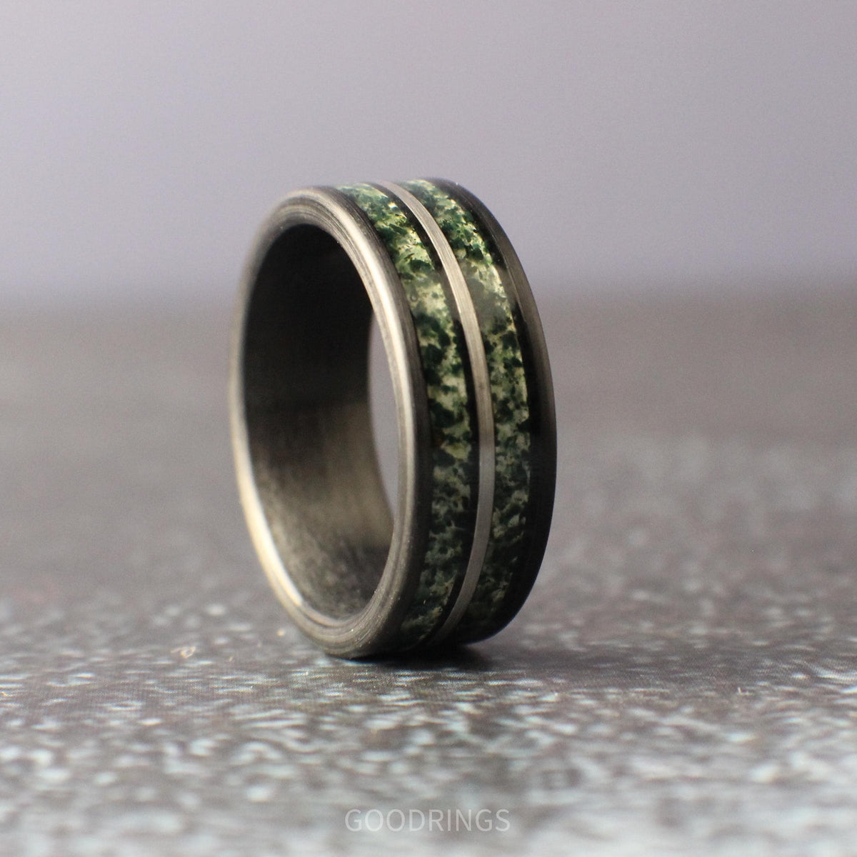 8mm tungsten ring with black brushed finish, two moss agate inlays, and silver divider; stylish and durable, ideal for men’s jewelry collection.