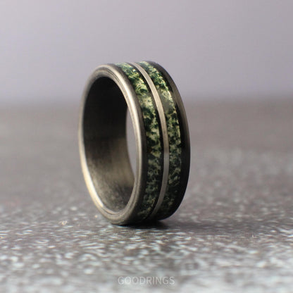 8mm tungsten ring with black brushed finish, two moss agate inlays, and silver divider; stylish and durable, ideal for men’s jewelry collection.