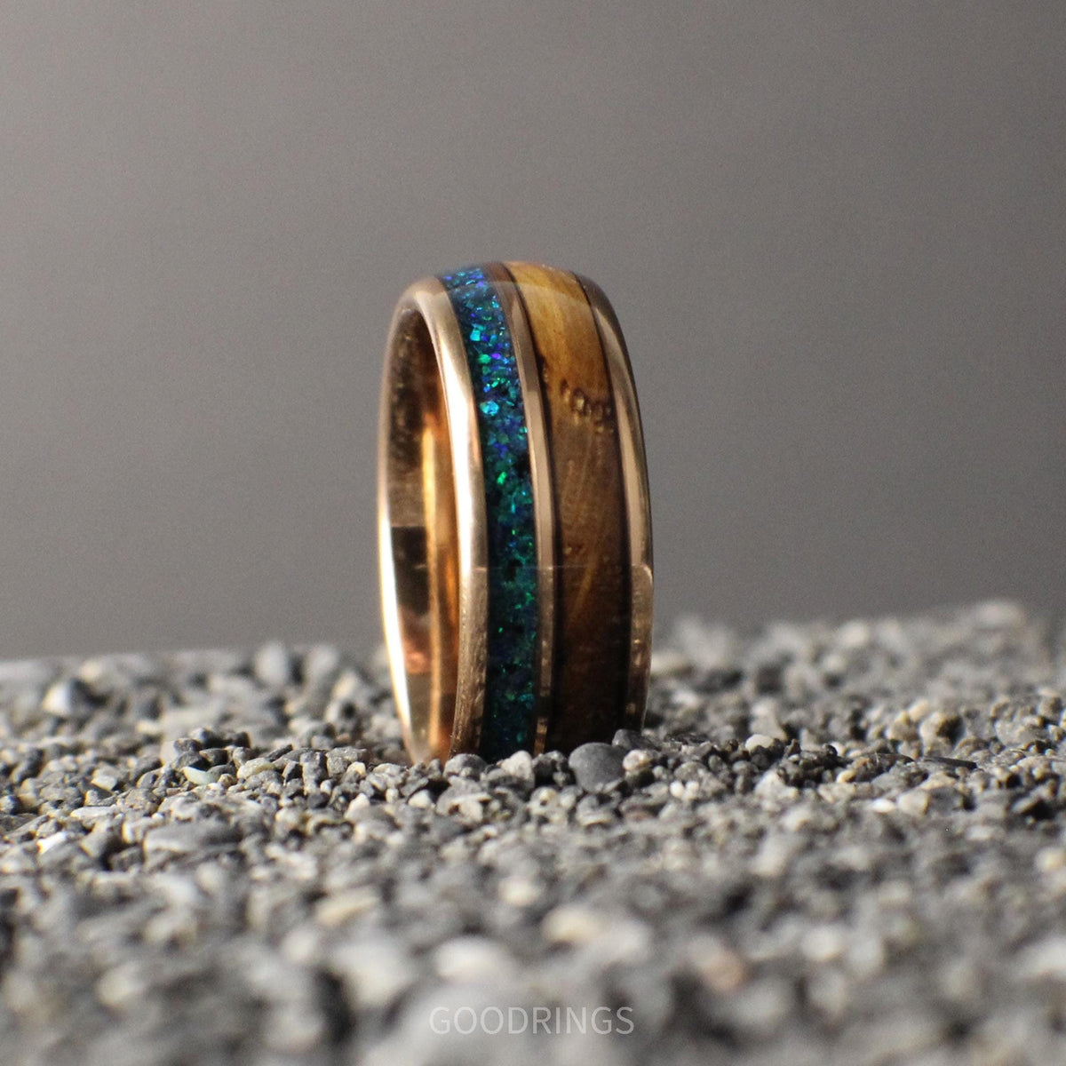 Men's Emerald Ring with Whiskey Barrel and Rose Gold