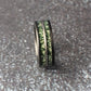 Men’s 8mm brushed black tungsten band, inlaid with moss agate and silver line, unique nature-inspired ring design for wedding or anniversary.