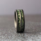 8mm brushed black tungsten men&#39;s ring with two channels of moss agate inlay separated by a silver line, durable and stylish wedding or gift ring.