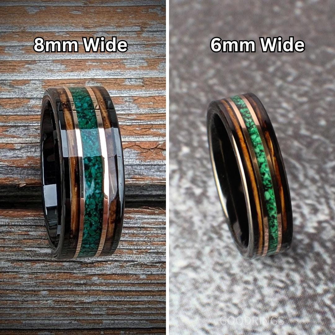 Polished tungsten ring, 6mm wide, featuring malachite, whiskey wood inlays, and rose gold accents. A blend of elegance and earthy charm.