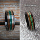 Polished tungsten ring, 6mm wide, featuring malachite, whiskey wood inlays, and rose gold accents. A blend of elegance and earthy charm.