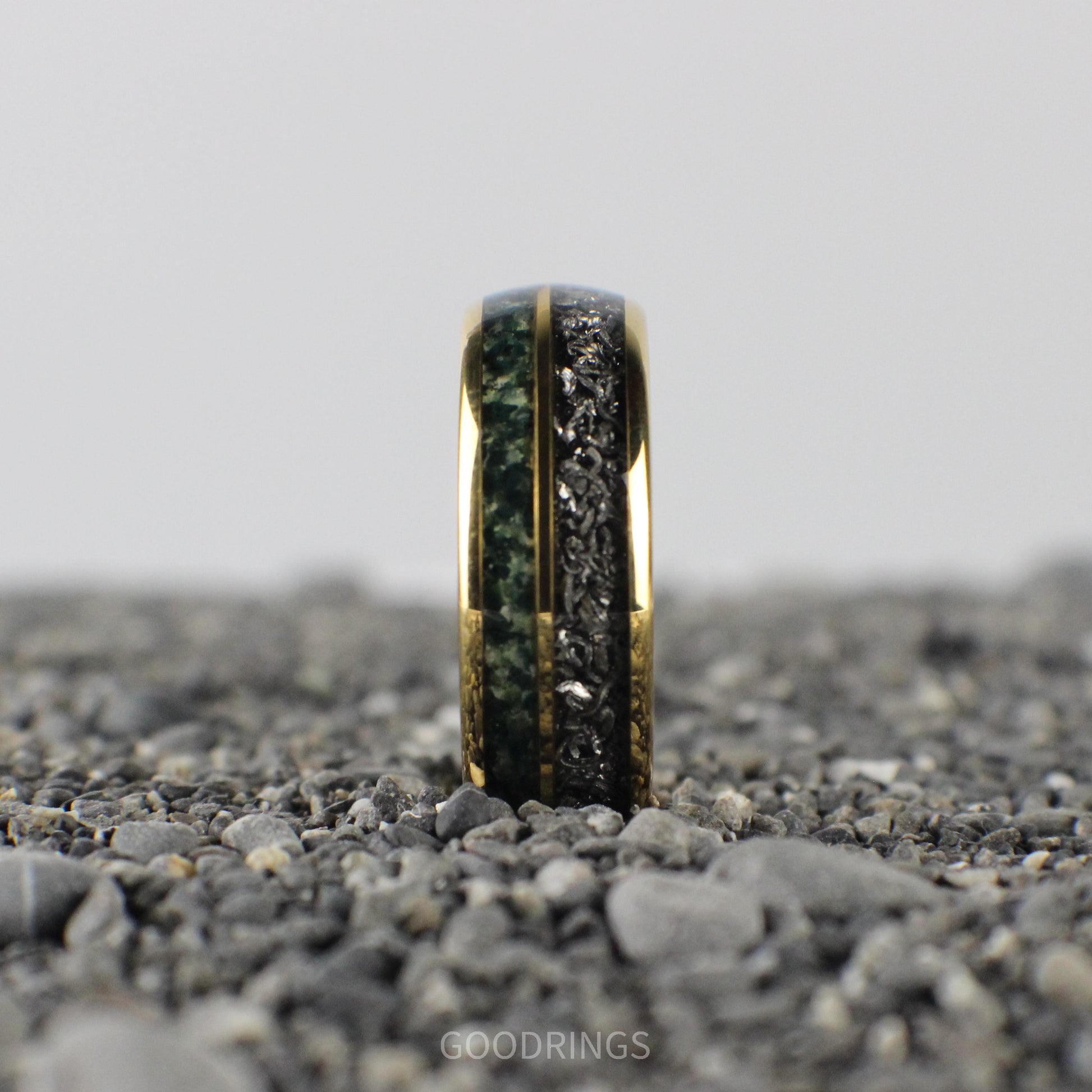 Lustrous 8mm yellow gold ring with a meteorite and moss agate inlay, blending celestial allure with natural beauty.