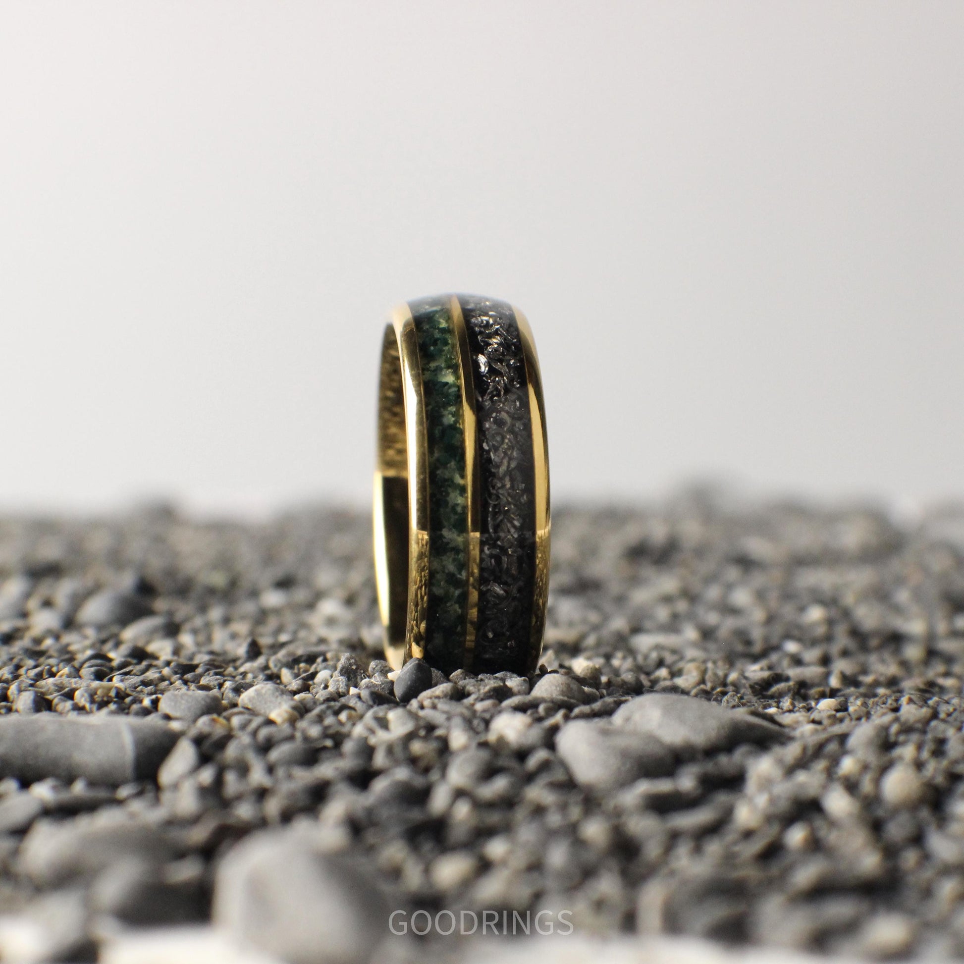 Yellow gold wedding band with a domed profile, highlighted by unique inlays of meteorite and moss agate. Perfect for style and comfort.