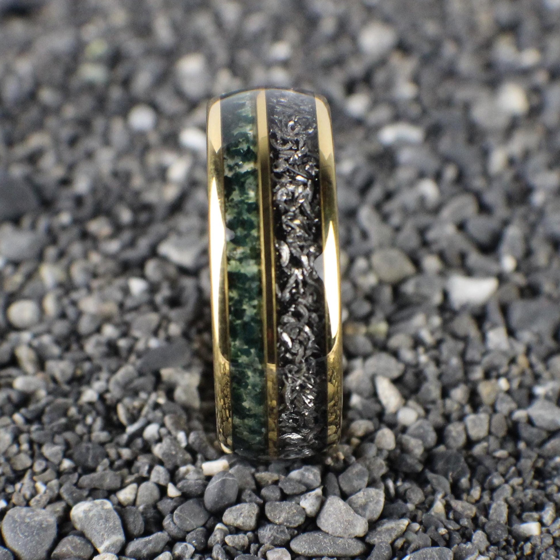 Elegant yellow gold comfort-fit ring with a polished finish, showcasing meteorite and moss agate inlays for a cosmic-meets-earthy design.
