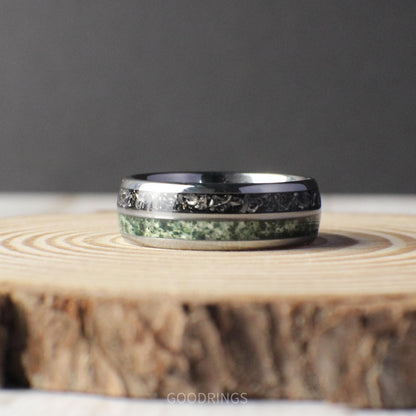 8mm domed tungsten ring with genuine moss agate and meteorite inlays for a distinctive wedding band.