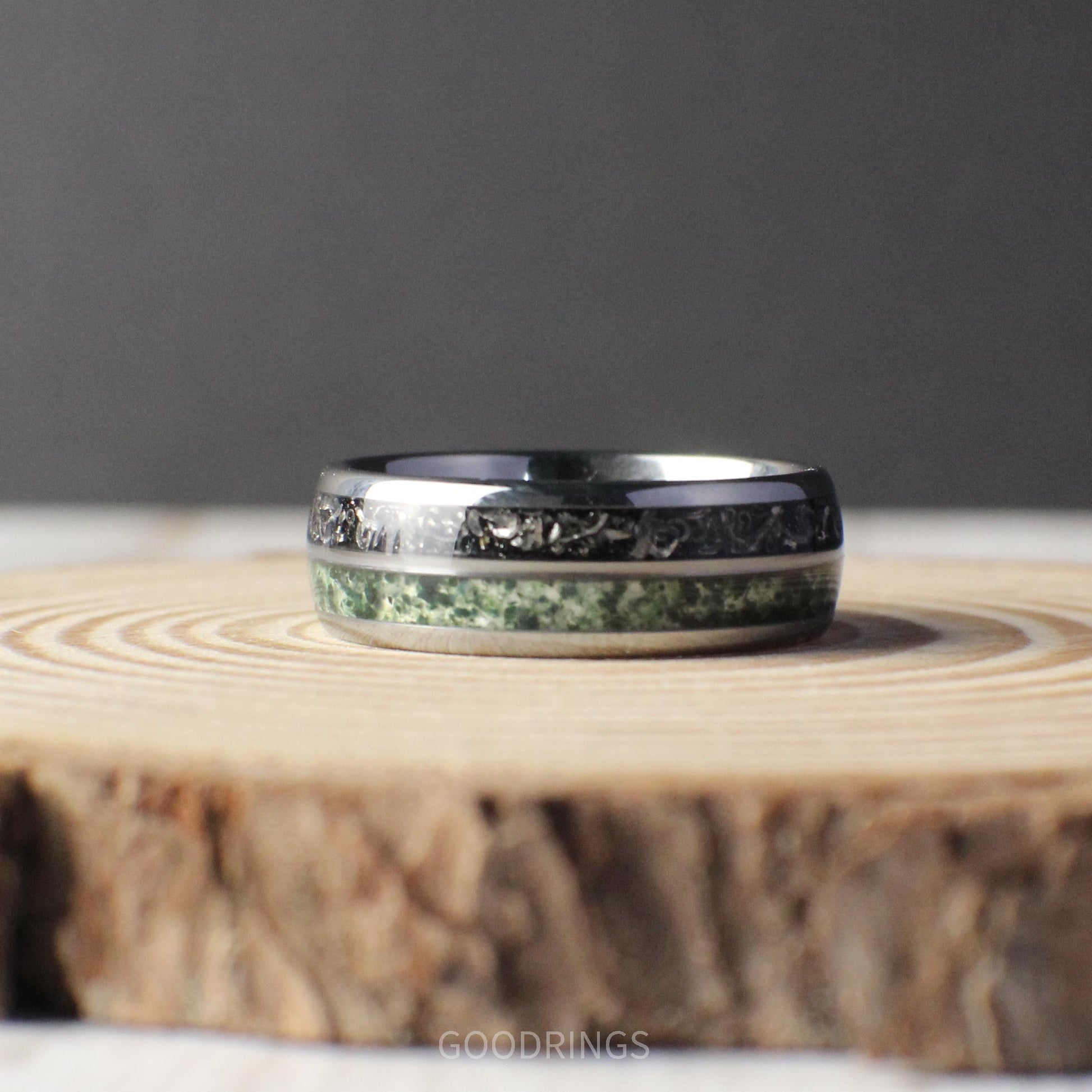 8mm domed tungsten ring with genuine moss agate and meteorite inlays for a distinctive wedding band.