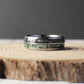8mm domed tungsten ring with genuine moss agate and meteorite inlays for a distinctive wedding band.