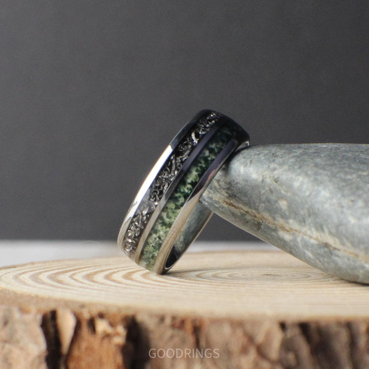 Modern tungsten wedding ring with celestial meteorite and earthy moss agate inlays.