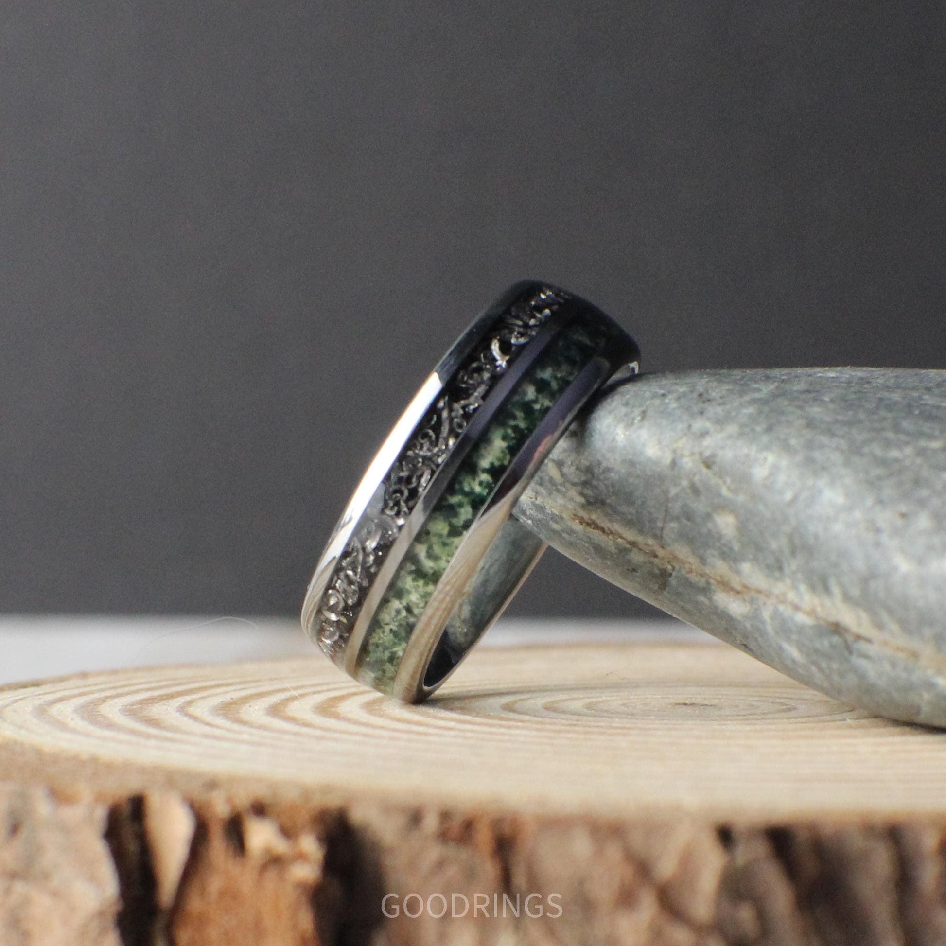 Modern tungsten wedding ring with celestial meteorite and earthy moss agate inlays.