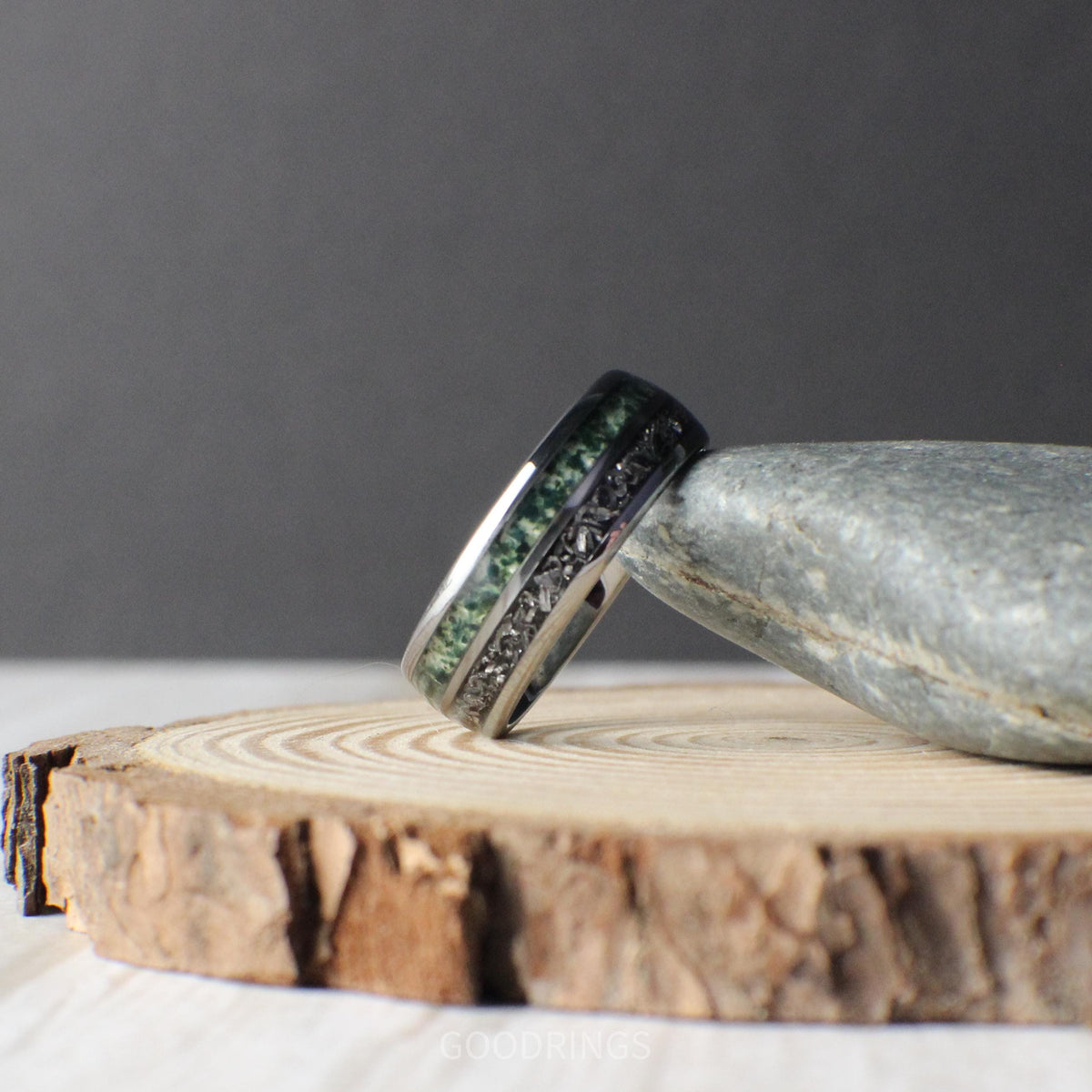 Men's 8mm tungsten ring featuring meteorite and moss agate for a unique wedding or anniversary ring.