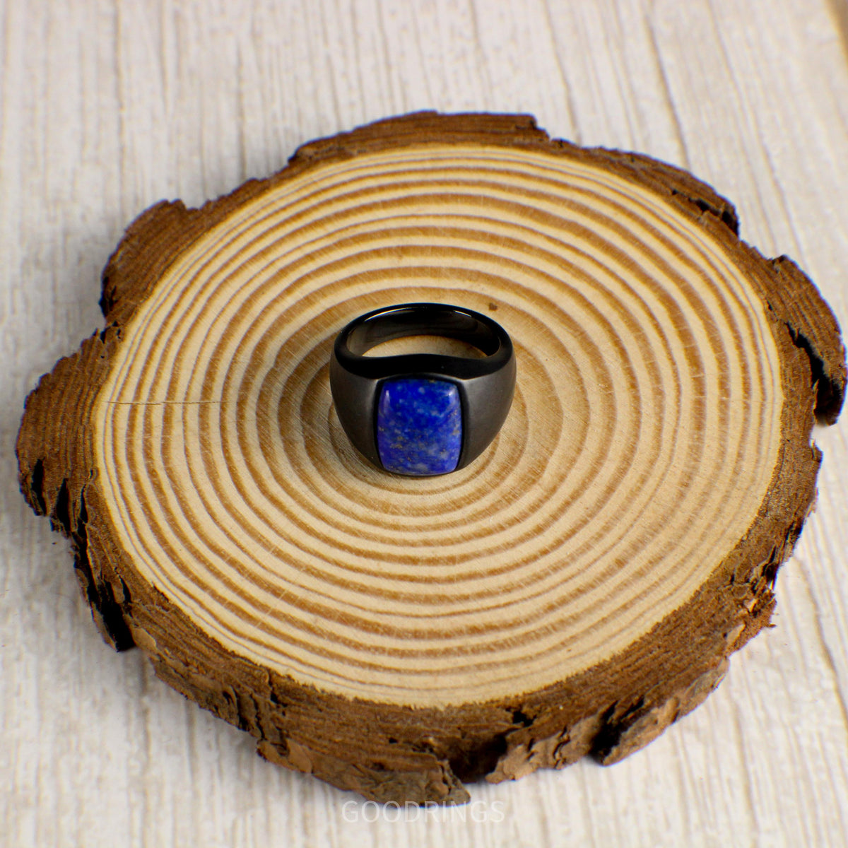Durable black tungsten signet ring for men, inlaid with genuine lapis lazuli, symbolizing strength and confidence.