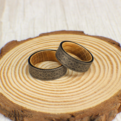 Bold and stylish wedding band with a detailed Polynesian pattern etched into tungsten and a whiskey barrel wood interior.