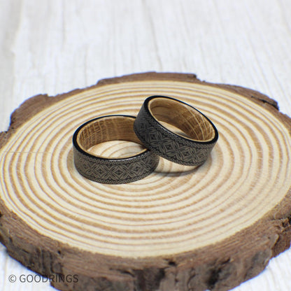 Tungsten ring with an intricate Polynesian engraving wrapping around the band, paired with a rich whiskey barrel wood lining.