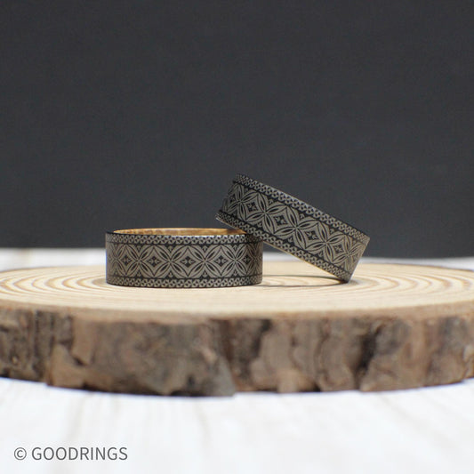 Durable tungsten ring with a Polynesian engraving symbolizing strength and tradition, complemented by a whiskey barrel wood core.