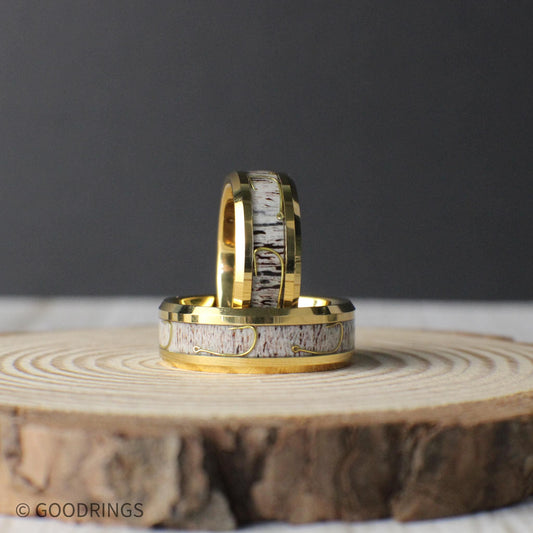 A sleek 8mm gold-plated tungsten ring featuring an inlay of genuine antler and a detailed fishing hook design, perfect for outdoor enthusiasts.