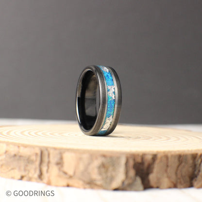 Elegant tungsten ring with vivid aquamarine opal and intricate silver leaf inlay. Polished silver lines provide contrast, making it a striking wedding or statement piece.