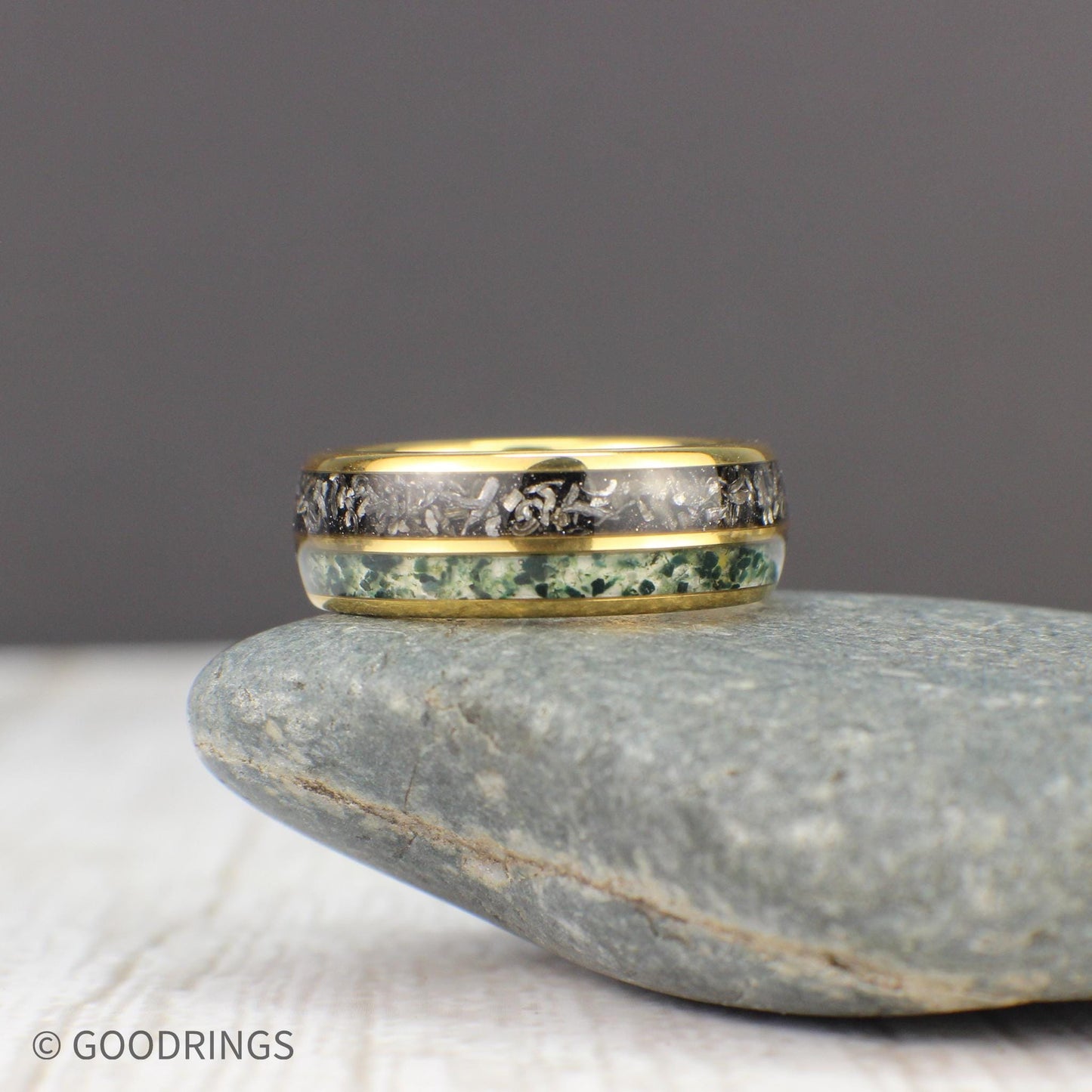 Promise ring crafted from tungsten with polished gold finish, featuring meteorite and moss agate accents, backed by warranty.