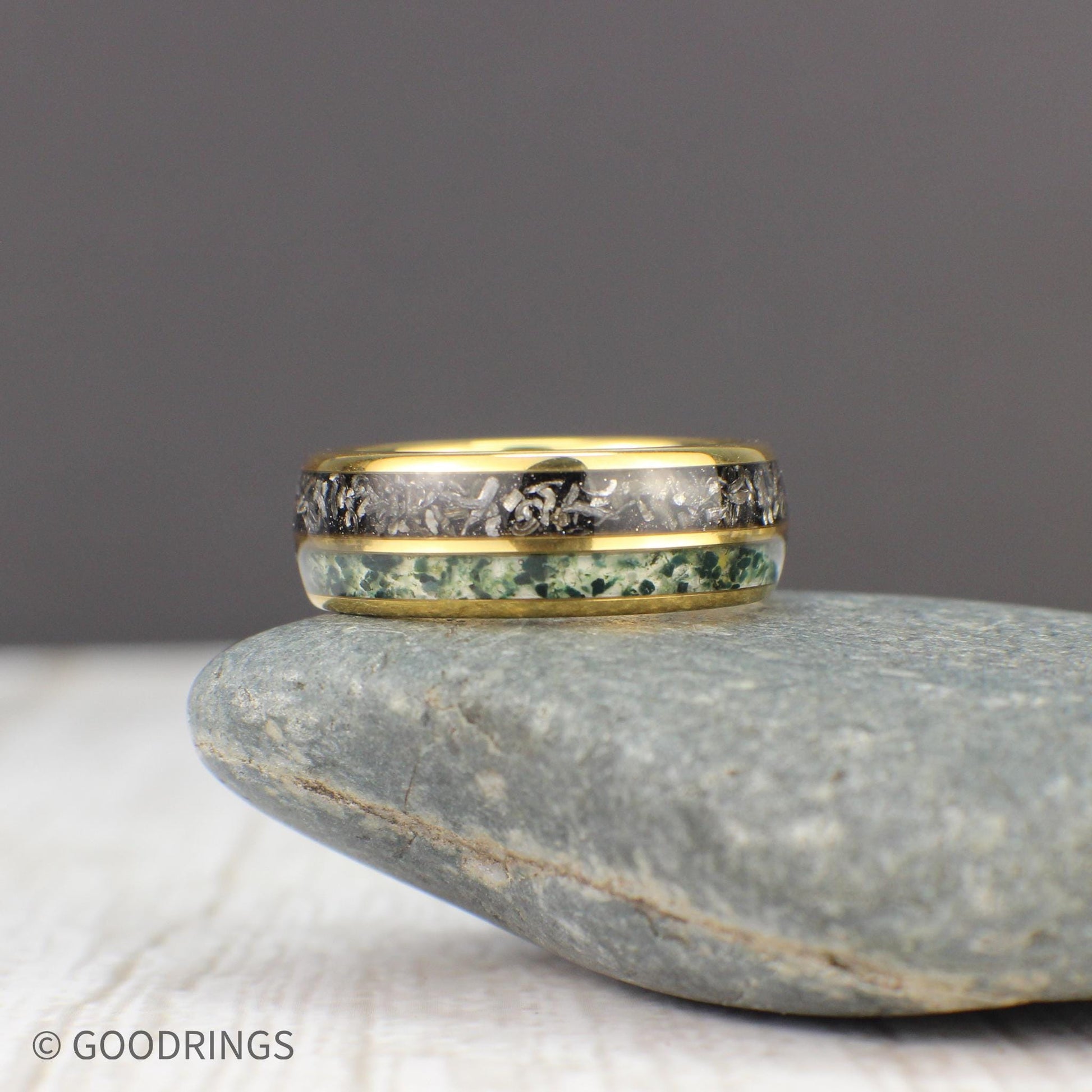 Promise ring crafted from tungsten with polished gold finish, featuring meteorite and moss agate accents, backed by warranty.