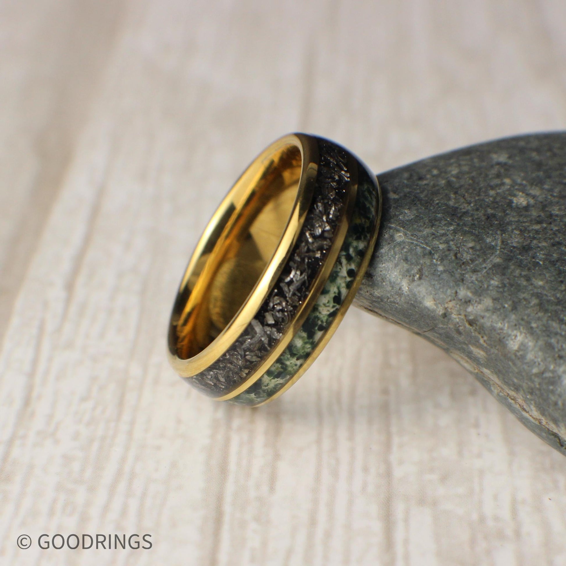 Unique gold promise ring with crushed moss agate and meteorite inlays, comfort fit interior, backed by free returns.