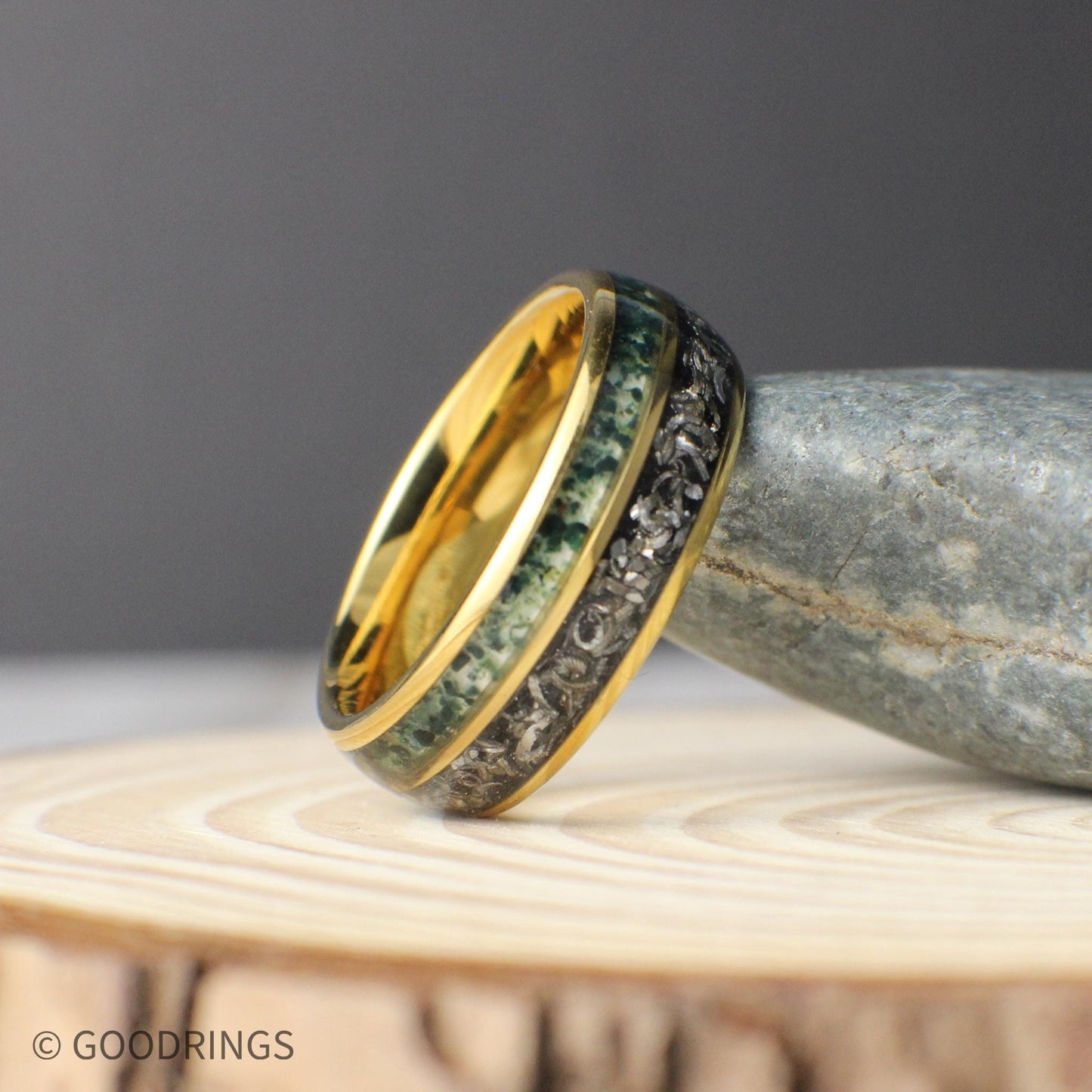 18K gold domed tungsten promise ring for men with cosmic meteorite and green moss agate inlays, ships in a gift box.