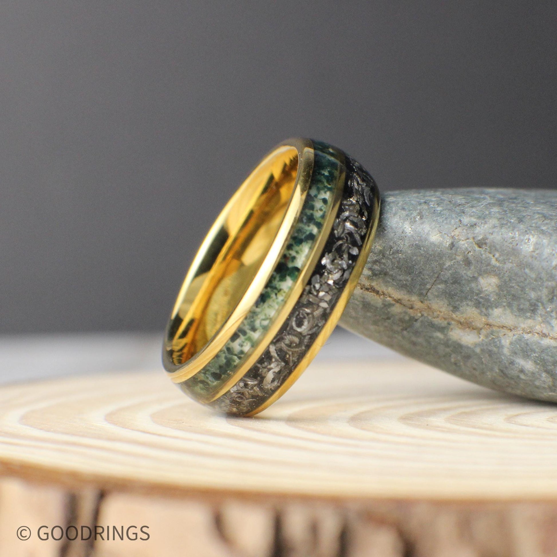 18K gold domed tungsten promise ring for men with cosmic meteorite and green moss agate inlays, ships in a gift box.
