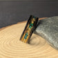 Modern men’s wedding band made from tungsten with green opals, reclaimed whiskey barrel wood, and 18K gold bands