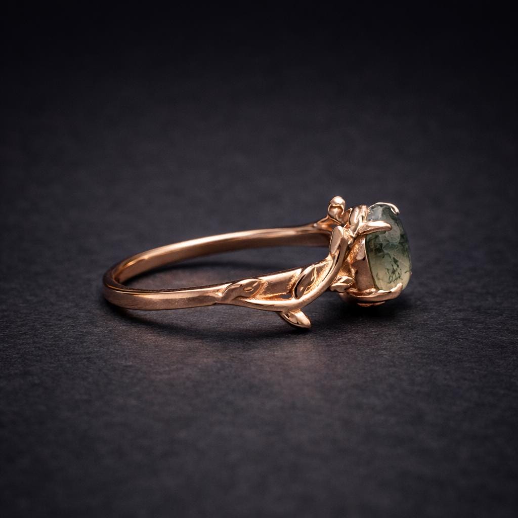 Side view of a moss agate ring for a female