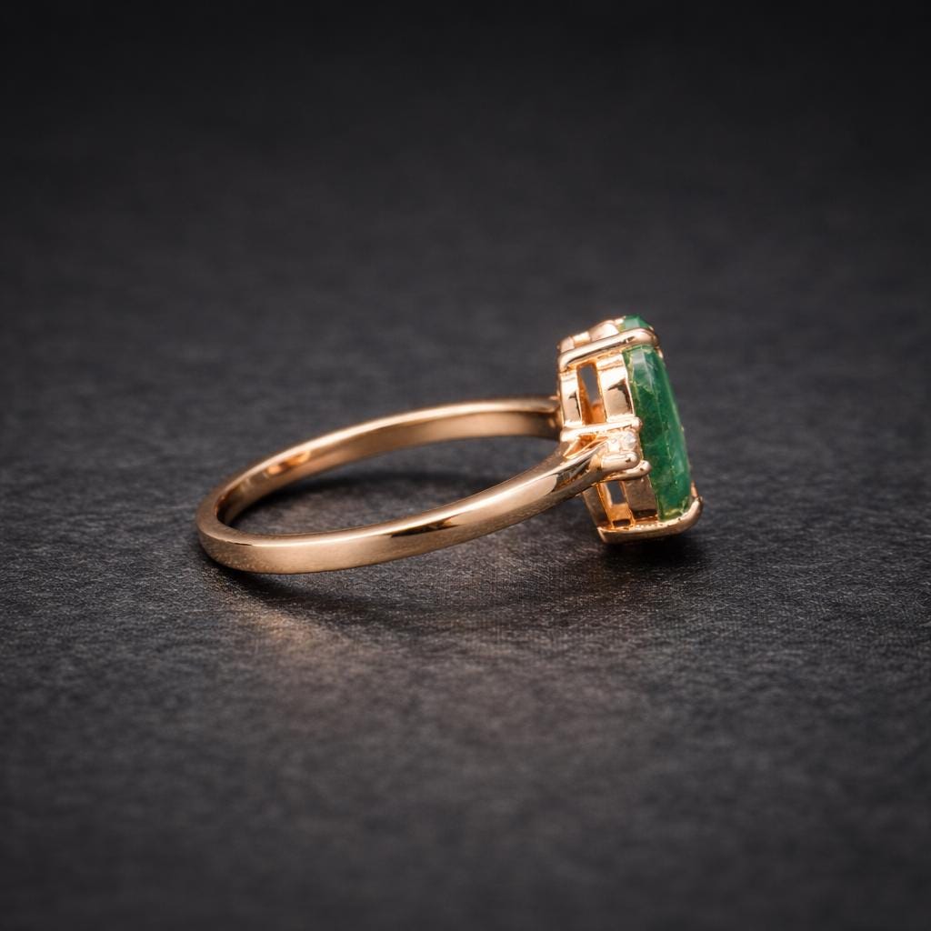 Side view of a rose gold and moss agate female wedding ring.