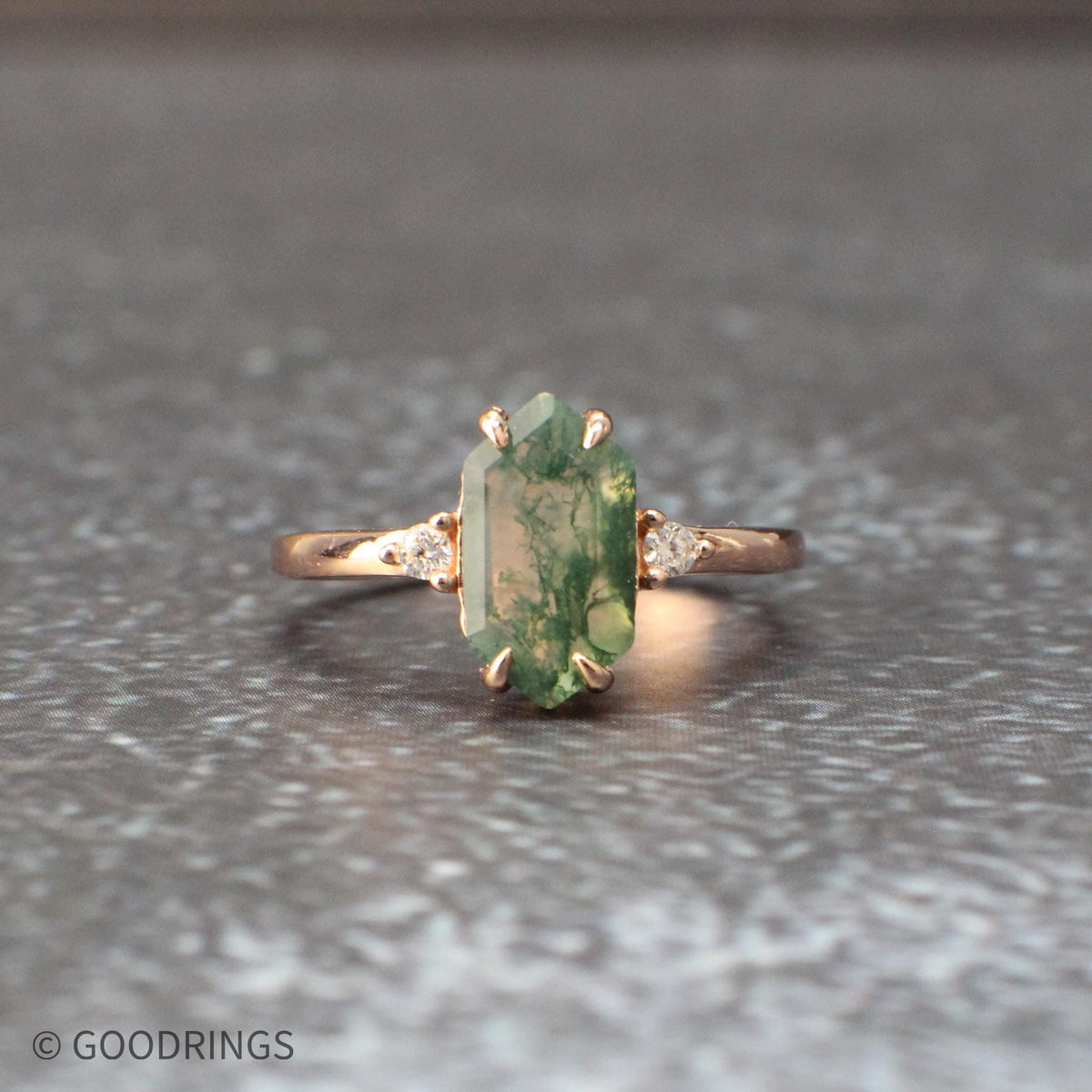 Unique nature inspired moss agate engagement ring with side stones and matching band set