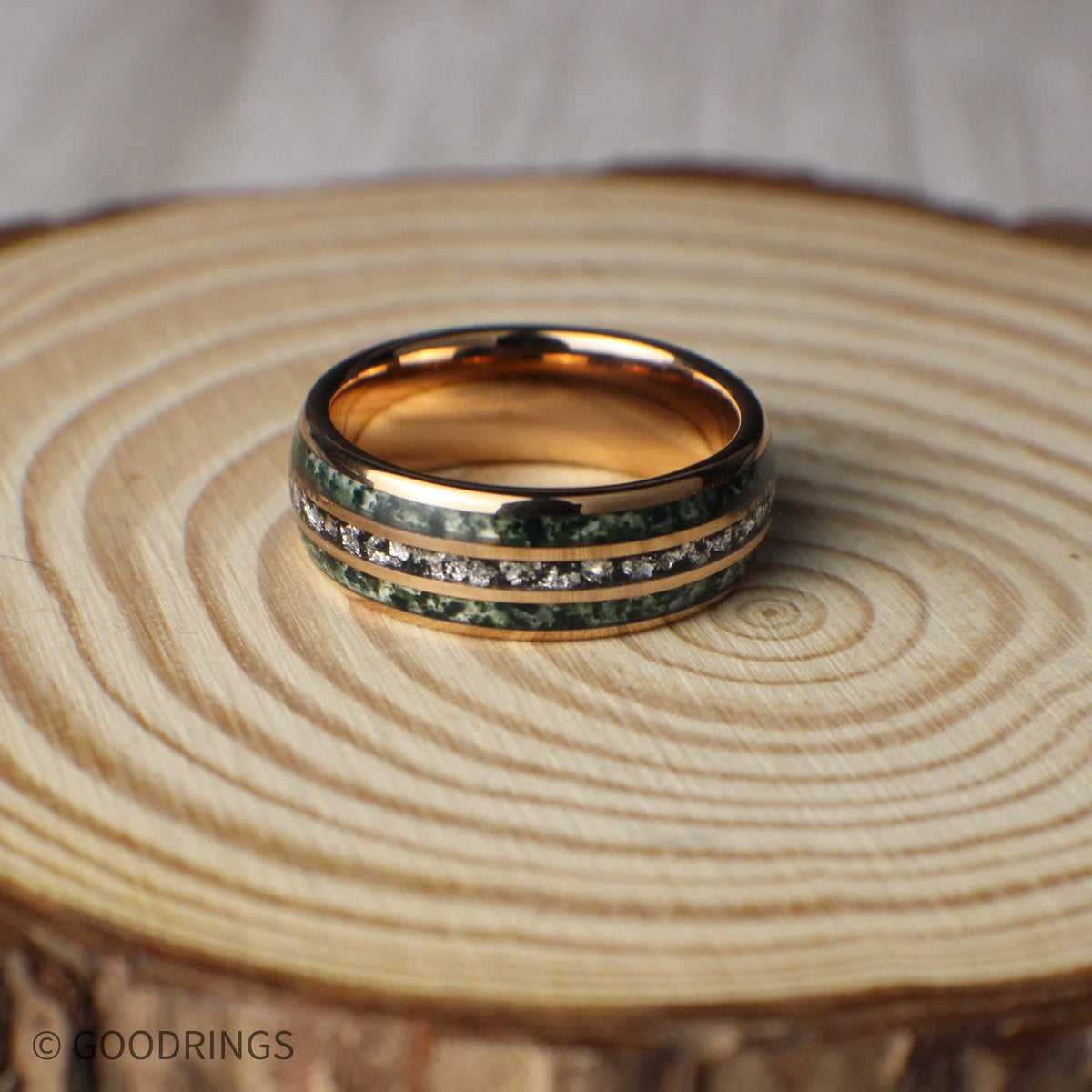 His and hers moss agate wedding rings with silver leaf inlay and CZ diamond accents