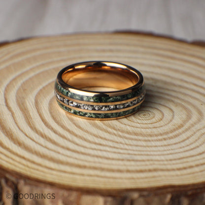 His and hers moss agate wedding rings with silver leaf inlay and CZ diamond accents
